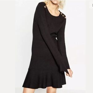ZARA The Knitwear Collection Black Long Sleeve Buttoned Flounce Dress || SZ S